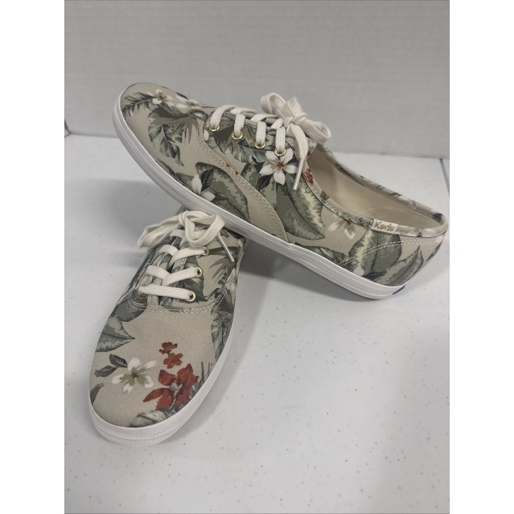 KEDS Jump Kick Tropical Print Sz 7.5 Canvas Sneakers Women's Cream/Green
